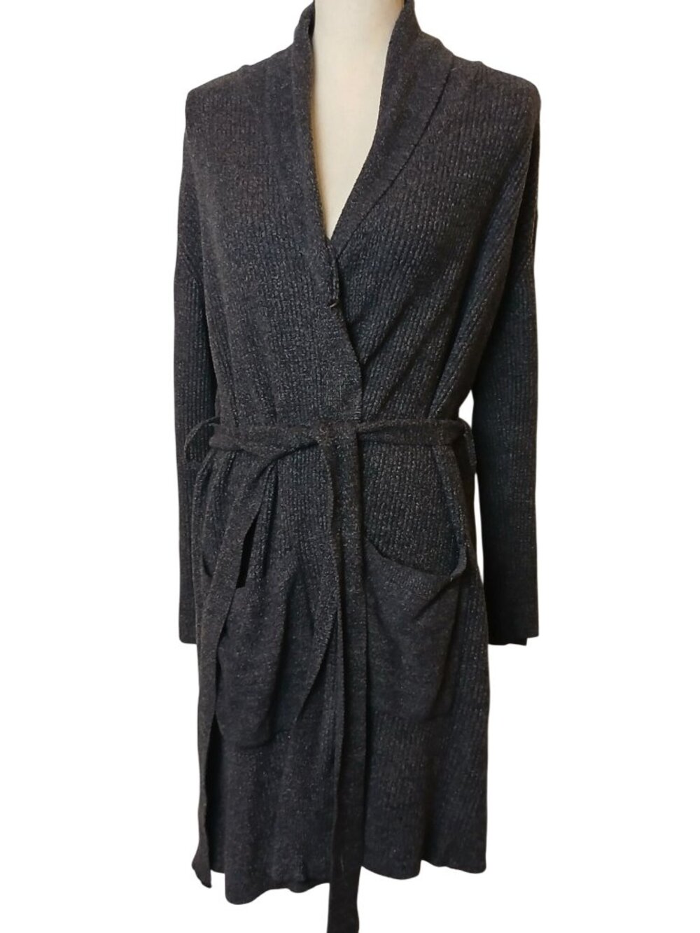 Barefoot Dreams CozyChic Womens Robe Sz 2 L-XL Belted Knit Charcoal Gray #H-6
